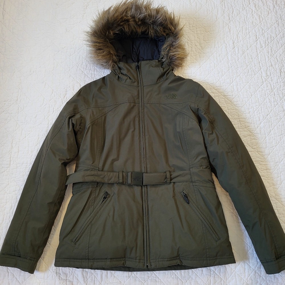 The North Face Wms Belted Hooded Down Jacket M in Green